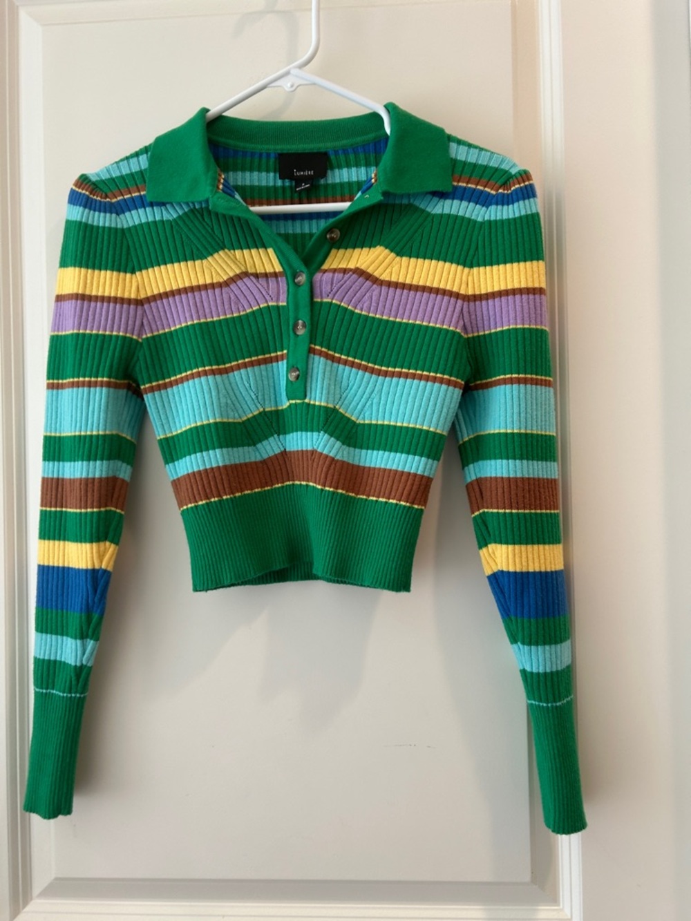 Anthropologie Lumiere Wide Stripe Rib Knit 1/2button crop pullover sweaterTop S